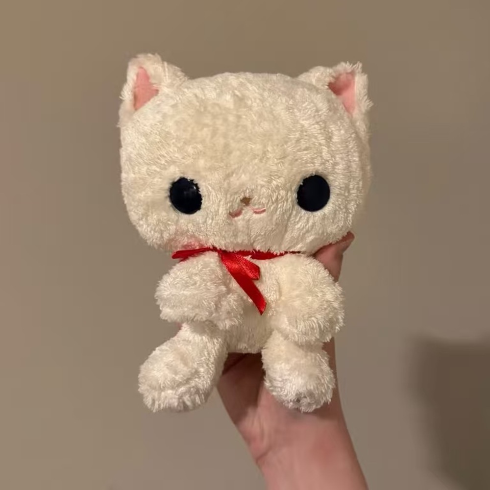 Adorable Cream Cat Plush Toy with Red Bow